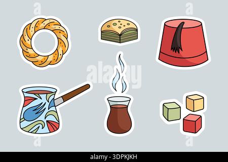 Türkische traditionelle Teeparty Aufkleber Set - Kaffee Turk zum Zubereiten von Kaffee, Teetasse, Baklava, Sesam Bagel, Delight, fes. Vektorsammlung isoliert auf weiß. Stock Vektor