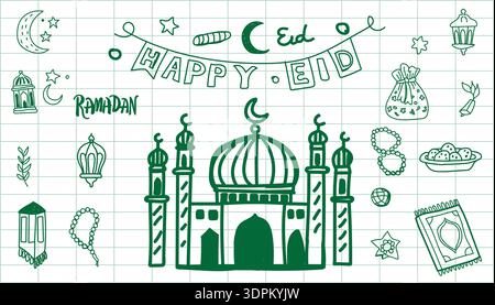 Handgezeichnetes Eid und Ramadan Doodle-Illustration mit Moschee, Laternen, Halbmond, Sternen, Gebetsperlen, Essen und festliche islamische Symbole. Stock Vektor