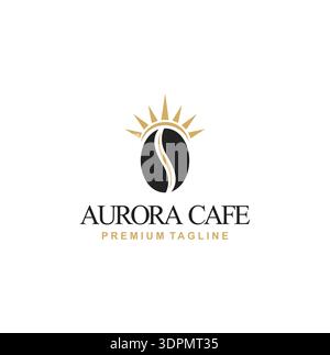 Elegantes Logo aus schwarzer Kaffeebohne mit goldener Sonnenstrahlung. Stock Vektor