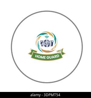 Logo der Haussicherheitskamera mit Signal- und Lorbeerkranz. Stock Vektor