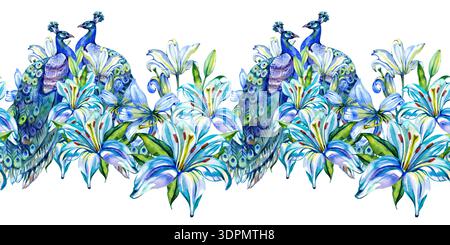 Handgemalte Aquarellfarben, nahtloser horizontaler Rand aus Pfauen und blauen Lilienblüten. Diese atemberaubende botanische Illustration zeigt detaillierte Vögel und Stockfoto