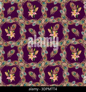 Handgemaltes nahtloses Aquarellmuster mit Pfauenfedern und rosa Lilien. Die detaillierten Federn bilden elegante runde Rahmen um die Blüte Stockfoto