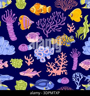 Lebendiges, nahtloses Muster mit tropischen Fischen, farbenfrohen Korallen und fließenden Algen. Detaillierte Vektor-Meereslebewesen-Illustration auf einem tiefblauen Hintergrund Stock Vektor