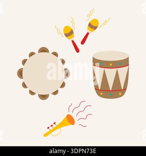 Happy Carnival Banner. Musikinstrumente. Feiertagsfeier. Vektorillustration, flache Ausführung Stock Vektor