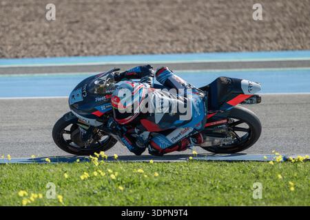 Jerez de la Frontera, Spanien. 15. Februar 2026. Fahrer #8 Eddie O’Shea (MLav Racing) in Kurve 13 (Jorge Lorenzo) während der Jerez Moto3 Tests 2026 im Circuito de Jerez Angel Nieto. Quelle: Visual und Writte/Alamy Live News Stockfoto