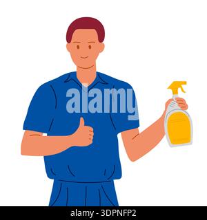 Mann in spezialisierter blauer Reinigungsuniform, der Reinigungsprodukt in Sprühflasche und hochgelobter Qualität demonstriert, Daumen hoch. Stock Vektor
