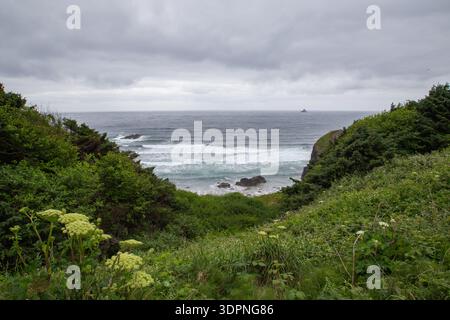 Ein wunderschöner Meerblick mit einer felsigen Küste und Bergen im Hintergrund. Der Himmel ist bewölkt und verleiht der Szene eine stimmungsvolle und ruhige Atmosphäre. Ecol Stockfoto
