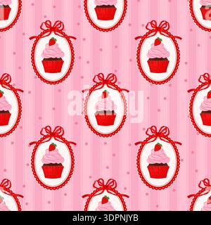 Nahtloses romantisches Cupcakes-Muster im Coquette-Stil in Rahmen. Niedliche Vektor-Illustration. Stock Vektor