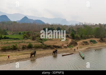Elephant Village, Laos - 25. März 2020: Aus der Vogelperspektive sehen zwei asiatische Elefanten mit Mahouts und mehrere Menschen, die auf einem Flussufer in der Nähe von Holzbooten stehen, mit Kulturfeldern, bewaldeten Hügeln und Bergen im Hintergrund. Stockfoto