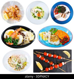Collage von Tintenfisch- und Tintenfischgerichten Stockfoto