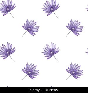 Nahtloses Aquarellmuster mit violetten Blumen, Kornblumen oder Gänseblümchen auf weißem Hintergrund. Handgezeichnet, für Textilien, Tapeten, Inneneinrichtung, Bettwäsche, Hochzeiten Stockfoto