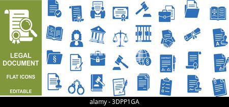 Symbolsatz „Rechtsdokument und Gesetz Flat“ – bearbeitbare Vektorsammlung für Verträge, Gerichte, Gerichte und Vereinbarungen Stock Vektor