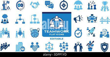 Flache Symbolgruppe für Teamwork und geschäftliche Zusammenarbeit – editierbare Sammlung von Führungskräften, Partnerschaften, Strategien und Unternehmensvektoren Stock Vektor
