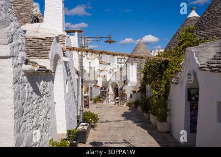Alberobello, Italien - 17. Oktober 2020: Eine enge Steinstraße ist gesäumt von traditionellen weiß getünchten Trullihäusern mit konischen Steindächern, Topfpflanzen und einem kleinen Barschild unter einem klaren blauen Himmel. Stockfoto