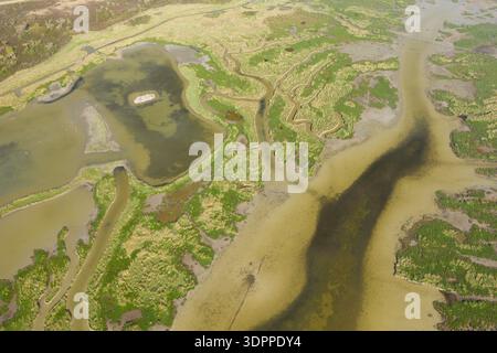 Reservat Ornithologique du Gros Banc, Frankreich - 13. April 2021: Luftaufnahme mit gewundenen Wasserkanälen, Marschland, Grasflächen und Wattenmeeren im Reservat Ornithologique du Gros Banc. Stockfoto