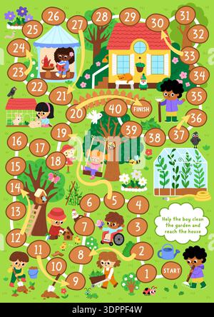 Gartenbrettspiel für Kinder mit ländlicher Naturszene und Junge mit Rechen, der Hof reinigt und zum Landhaus geht. Druckbare Aktivität im Frühling, Boardga Stock Vektor