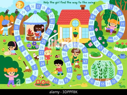 Gartenbrettspiel für Kinder mit ländlicher Naturszene und Mädchen, die den Weg zum Schaukeln auf Bäumen suchen. Druckbare Aktivität im Frühling, Brettspiel, Arbeitsblatt mit Stock Vektor