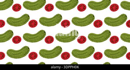 Nahtloses Gurken- und Tomatenmuster mit strukturierten Gemüselementen. Frisches Design für den Sommer, inspiriert von Salatzutaten und Bio-Ernte. Stock Vektor