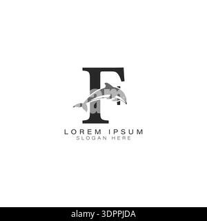 Letter F-Logo mit Dolphin Art Design mit Dolphin-Symbol (Buchstabe F) Stock Vektor
