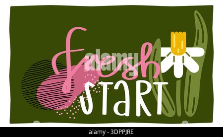 Banner mit Frühlingsmotiv, dekorativer Blume und auffälliger Schriftart. Der Satz ist zentriert zwischen abstrakten Formen und botanischen Elementen, Symbo Stock Vektor