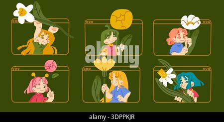 Set von Kindern in Videoanruffenstern, die Frühlingsblumen und -Blätter halten. Flache Illustration für digitale Kommunikation, Freundschaft und saisonale Stock Vektor