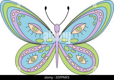 Grooviger Psychedelic Retro Butterfly Cartoon Stock Vektor