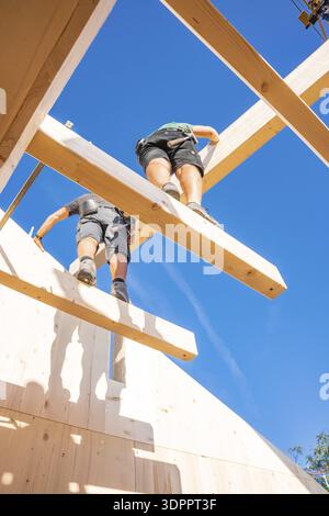 Zwei Bauarbeiter arbeiten an Holzgerüsten unter blauem Himmel, Holzhausbau, Gechingen, Deutschland Stockfoto