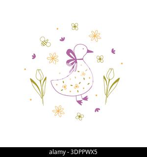 Handgezeichnete Doodle Frühlingsgans mit Tulpen Stock Vektor