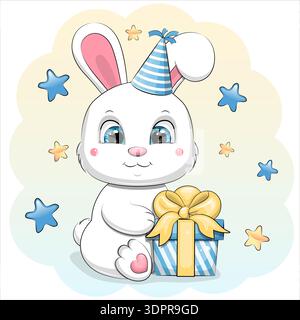 Geburtstagskarte mit niedlichem Zeichentrick, weißem Kaninchen und Geschenk. Tiervektorillustration auf gelbem Hintergrund mit Sternen. Stock Vektor