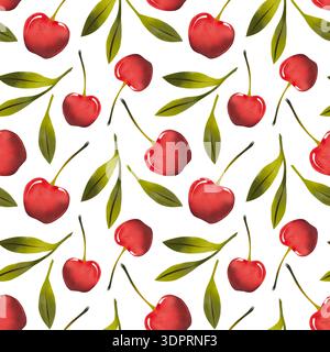 Nahtloses Muster mit leuchtenden Kirschen. Einfache Aquarellabbildung von roten Beeren in einem kindlichen Stil für Textilien, Stoff und Verpackung Stockfoto
