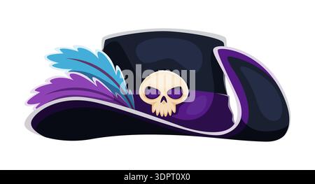 Tricorn-Hahn-Hut des Piratenkapitäns. Vektor-Seefahrer-Kopfschmuck mit blauen und lila Federn und fröhlichem roger-Schädel. Isolierte Freibeuter-Kopfbedeckung, Matrosenmütze, filigrane Piraterie Kostümzubehör Stock Vektor
