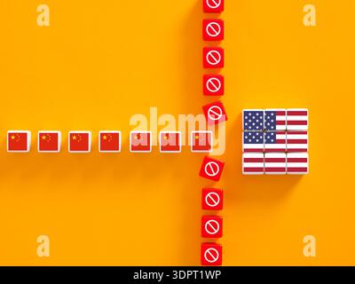 China untergräbt Handelsbarrieren der USA. Handelskrieg zwischen den USA und China, Zölle, Sanktionen und Konzepte der wirtschaftlichen Rivalität. Stockfoto