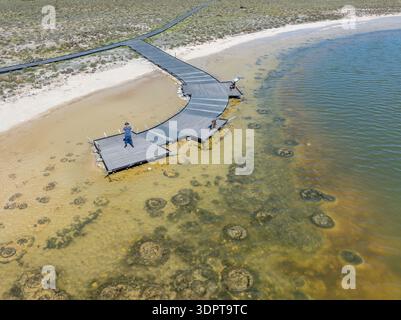 Ein erhöhter Blick aus der Luft auf eine hölzerne Promenade, die sich in einen flachen Küstensee erstreckt, mit einer Person, die auf der Plattform steht. Stockfoto