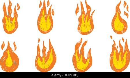 Funky Scribble Buntstift Feuer Illustrationen Set. Flammensymbole mit Doodle-Pinsel in leuchtenden Farben. Lagerfeuer-Aufkleber für Collage-Projekte. Vektor naive Bleistift p Stock Vektor