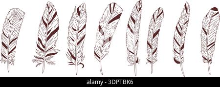 Federboho Zeichnung mit komplizierten Linien und Boho Stil. Künstlerische Skizze mit elegantem Federn-Design, ideal für Vintage-inspirierte kreative Profis Stock Vektor