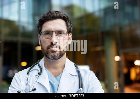 Männlicher Arzt oder medizinischer Fachmann mit einem Stethoskop, der einen weißen Labormantel und eine Brille trägt und ernsthaft auf die Kamera blickt und vor einem modernen Gebäude steht Stockfoto