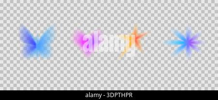 Set mit verschwommenen y2k-Symbolen. Herz mit Verlaufsverlauf, Schmetterlingsblumen-Set. Leuchtende Aura Regenbogenformen. Einfache Collage Neon-bunte Figuren. Vektor n Stock Vektor