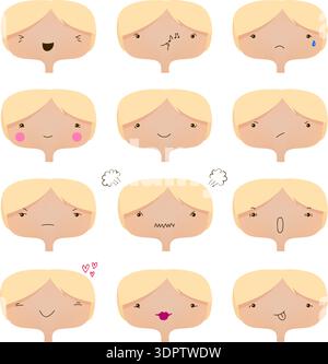 Vektor-Set mit niedlichen Gesichtern, verschiedene Stimmungen Sammlung. Stock Vektor