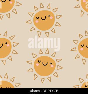 Niedliches, nahtloses Muster von Sonnensymbolen. Lustige fröhliche Smiley-Sonnen. Heller und schöner Zeichentrickhintergrund. Stock Vektor