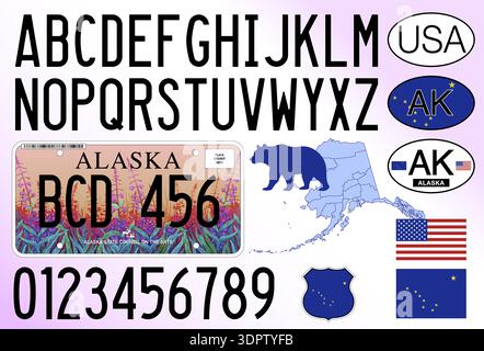 Alaska US State spezielles künstlerisches Autokennzeichen, Buchstaben, Zahlen und Symbole, Vektorillustration, USA Stock Vektor