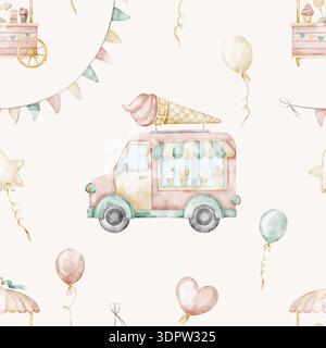 Nahtloses Muster in Eiswagen mit Ballons und Karnevalselementen. Hintergrund in weichem, verspieltem Stil für Kindertapeten, Kindergartentextilien, Partypapier und Geschenkpapier. Stockfoto