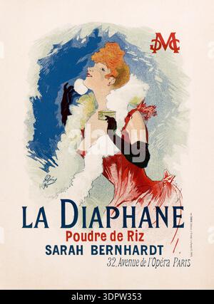 Farbiges lithographisches Poster von Jules Chéret zur Werbung für „La Diaphane“, eine Kosmetikmarke für Gesichtspuder, die Ende des 19. Jahrhunderts und heute de Stockfoto