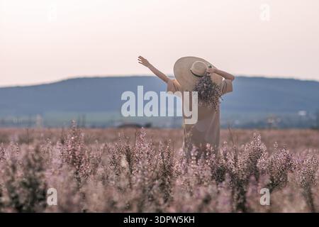 Woman Lavender Field Sunset: Fröhliche sorglose Frau, die im Sommer den Sonnenuntergang in einem Lavendelfeld genießt. Stockfoto