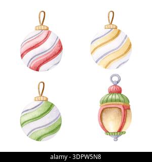 Aquarell Weihnachtskugeln Illustration Set isoliert auf weiß. Handgezeichnete Ornamente, gestreiftes Baumspielzeug in Pastellgelb, Rot und Grün. Neu Stockfoto
