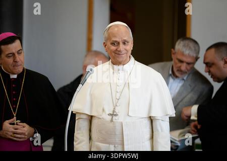 Italien, Rom, 15. Februar 2026: Pastoralbesuch von Papst Leo XIV. In der Pfarrei Santa Maria Regina Pacis in Ostia Lido (Rom) Foto © Stefano Carofei/Sintesi/Alamy Live News Stockfoto