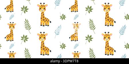 Niedliche Giraffe und tropisches Laubmuster für das Textil-Design im Kinderzimmer Stock Vektor
