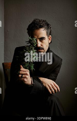Seriöser Geschäftsmann im schwarzen Anzug, der frische Cannabispflanzen hält Stockfoto