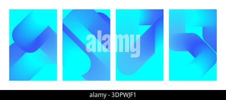 Abstraktes Cover-Set mit dynamisch geschwungenen Linien. Blaue Neon-Hintergrundkollektion mit Farbverlauf Stock Vektor
