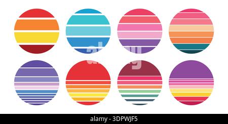 Wunderschöne Retro-Kunstsammlung bei Sonnenuntergang in Farben. Set mit runden gestreiften Formen. Stock Vektor