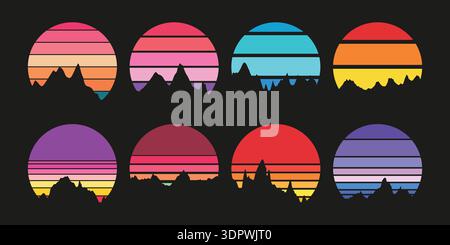 Retro Sunset Kollektion für Poster oder Druck. Im Stil der 80er Jahre gestreifte Kreise mit wunderschönen Silhouetten in den Bergen Stock Vektor